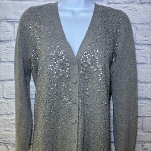 Talbots Sequin Cardigan Sweater Lambswool Business Casual Career Church Gray Tan